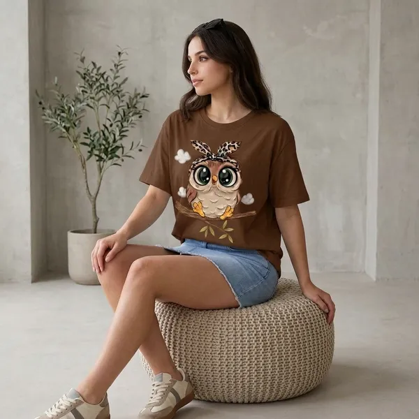 Oversized_Brown_Cotton_Owl_Print_T-Shirt_For_Women