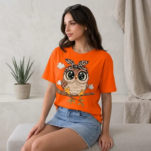 Oversized_Orange_Cotton_Owl_Graphic_Print_T-Shirt_For_Women