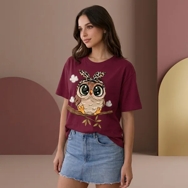 Oversized_Maroon_Cotton_Relaxed_Fit_Owl_Graphic_Crew_Neck_T-Shirt_For_Women