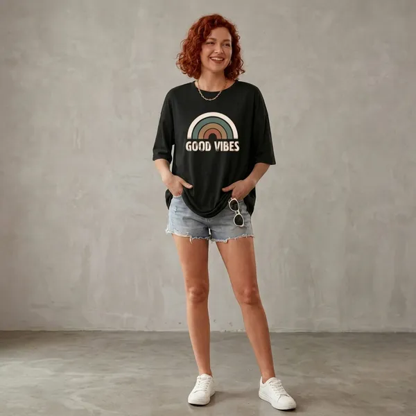 Oversized_Black_Cotton_Good_Vibes_Rainbow_Print_T-Shirt_For_Women