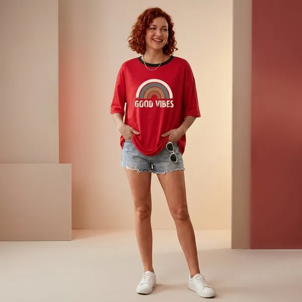 Oversized_Red_Cotton_Rainbow_Print_T-Shirt_For_Women