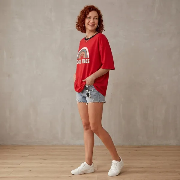 Oversized_Red_Cotton_Rainbow_Print_T-Shirt_For_Women