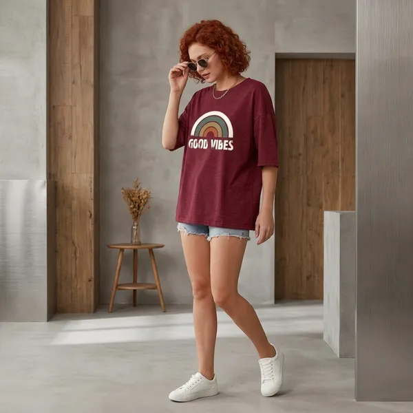 Oversized_Maroon_Cotton_Good_Vibes_Graphic_Print_T-Shirt_For_Women