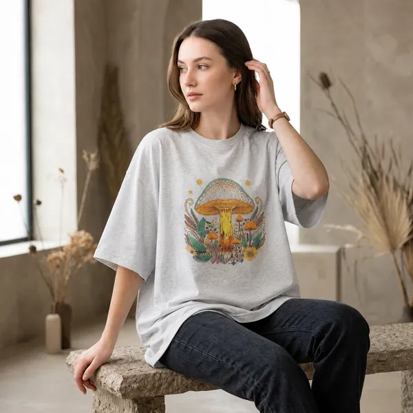 Oversized_Grey_Cotton_Relaxed_Fit_Mushroom_Graphic_T-Shirt_For_Women