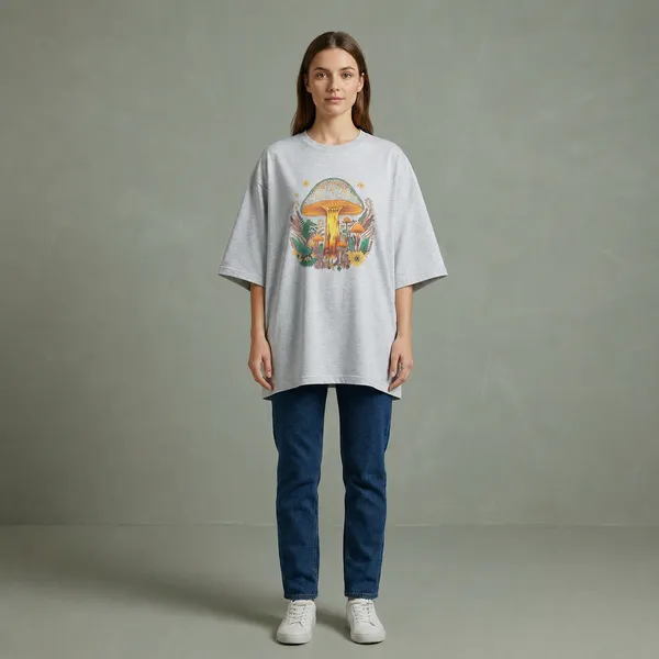 Oversized_Grey_Cotton_Relaxed_Fit_Mushroom_Graphic_T-Shirt_For_Women
