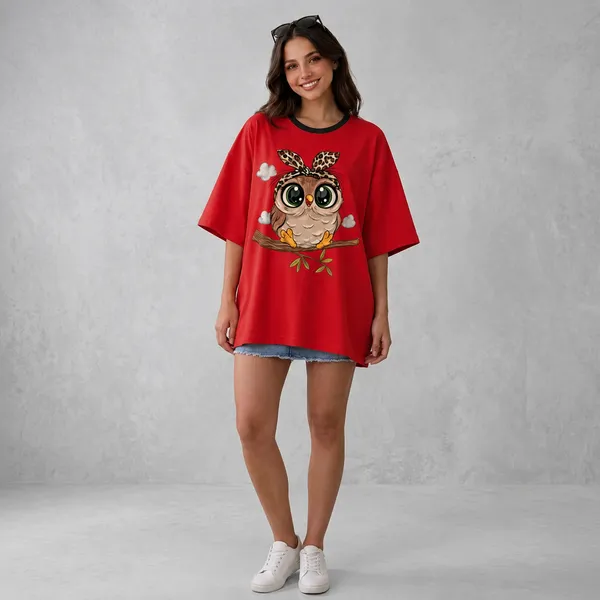 Oversized_Red_Cotton_Owl_Graphic_Print_T-Shirt_For_Women