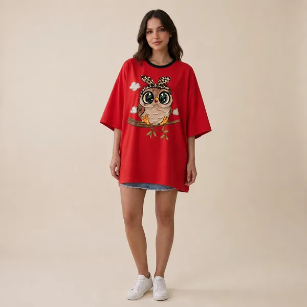 Oversized_Red_Cotton_Owl_Graphic_Print_T-Shirt_For_Women