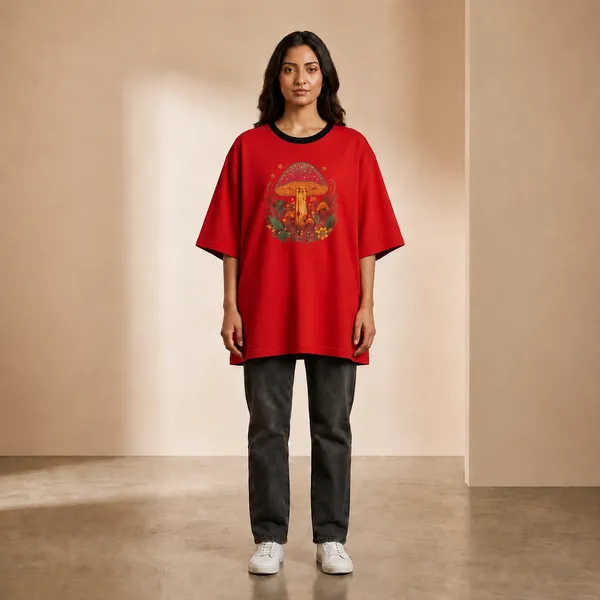 Oversized_Red_Cotton_Relaxed_Fit_Mushroom_Graphic_T-Shirt_For_Women