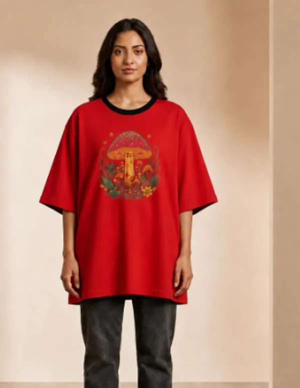 Oversized_Red_Cotton_Relaxed_Fit_Mushroom_Graphic_T-Shirt_For_Women