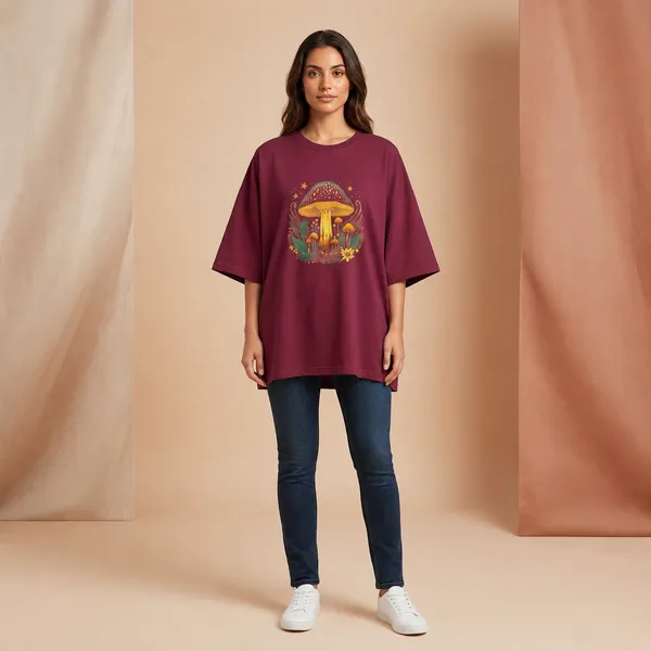 Oversized_Maroon_Cotton_Mushroom_Graphic_Print_T-Shirt_For_Women