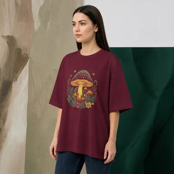 Oversized_Maroon_Cotton_Mushroom_Graphic_Print_T-Shirt_For_Women