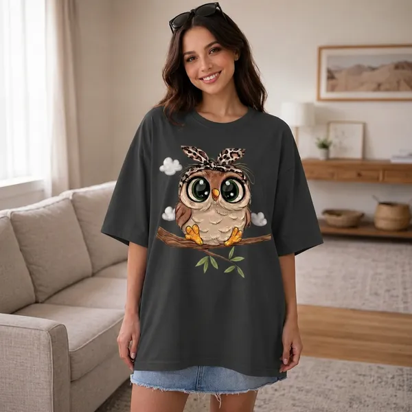 Oversized_Dark_Grey_Cotton_Owl_Graphic_Print_T-Shirt_For_Women