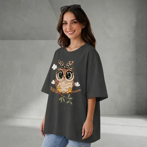 Oversized_Dark_Grey_Cotton_Owl_Graphic_Print_T-Shirt_For_Women