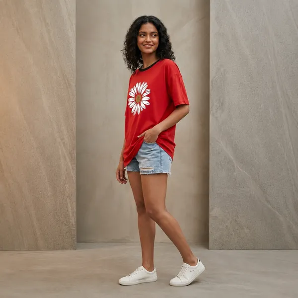 Oversized_Red_Cotton_Sunflower_Print_T-Shirt_For_Women