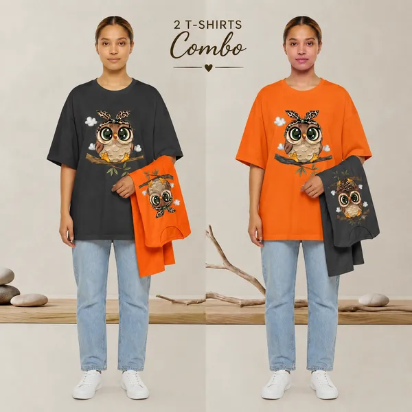 Oversized_Dark_Grey_&_Orange_Owl_Graphic_Print_T-Shirt_Duo_For_Women