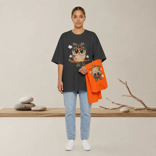 Oversized_Dark_Grey_&_Orange_Owl_Graphic_Print_T-Shirt_Duo_For_Women