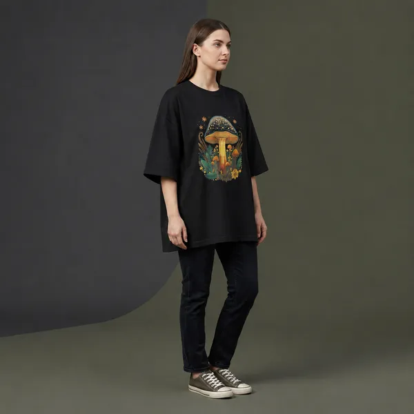 Oversized_Black_Cotton_Mushroom_Graphic_Print_T-Shirt_For_Women
