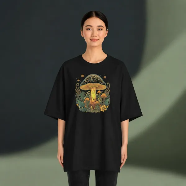 Oversized_Black_Cotton_Mushroom_Graphic_Print_T-Shirt_For_Women