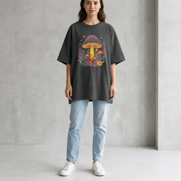 Oversized_Dark_Grey_Cotton_Mushroom_Graphic_T-Shirt_For_Women