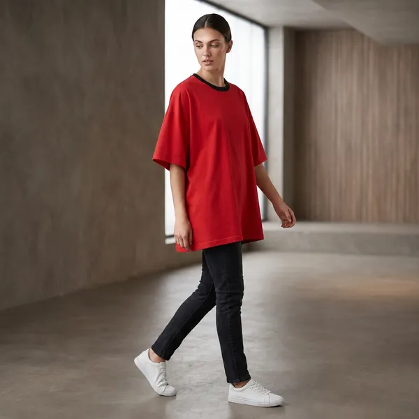 Oversized_Red_Cotton_Contrast_Trim_Crew_Neck_T-Shirt_For_Women