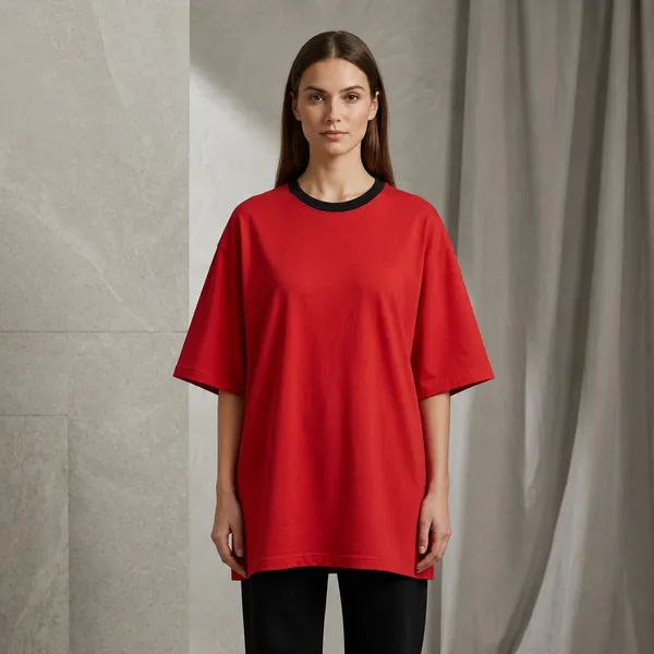 Oversized_Red_Cotton_Contrast_Trim_Crew_Neck_T-Shirt_For_Women