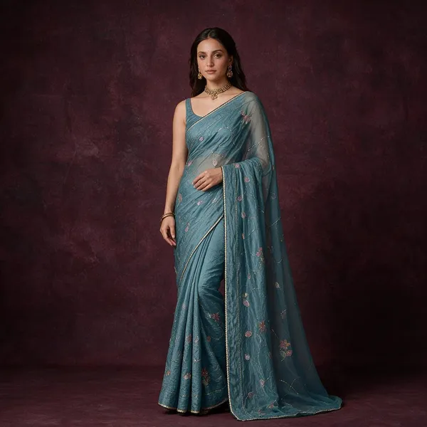 Blue_Textured_Embroidered_Saree_For_Women