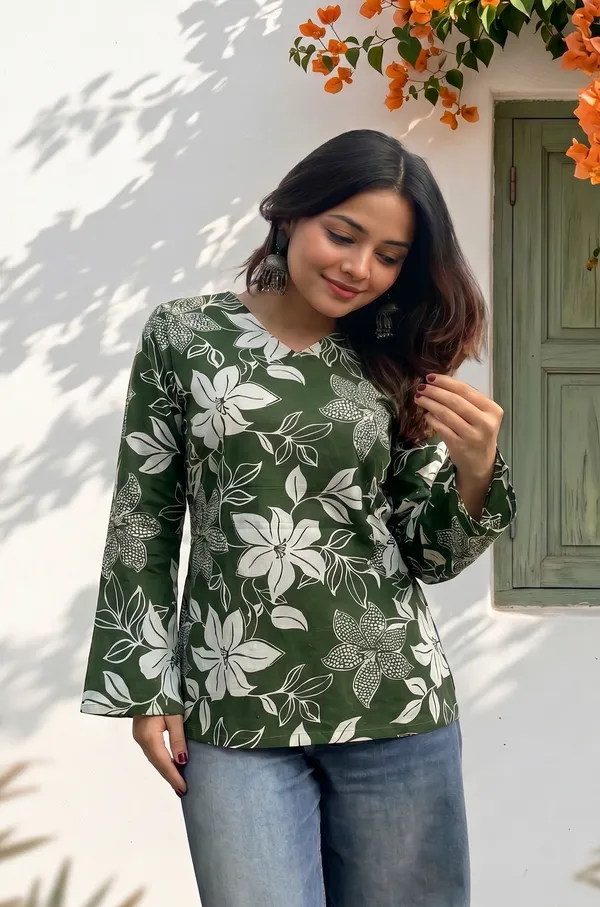 Green_Cotton_Floral_Print_Long_Sleeve_Short_Kurti_For_Women