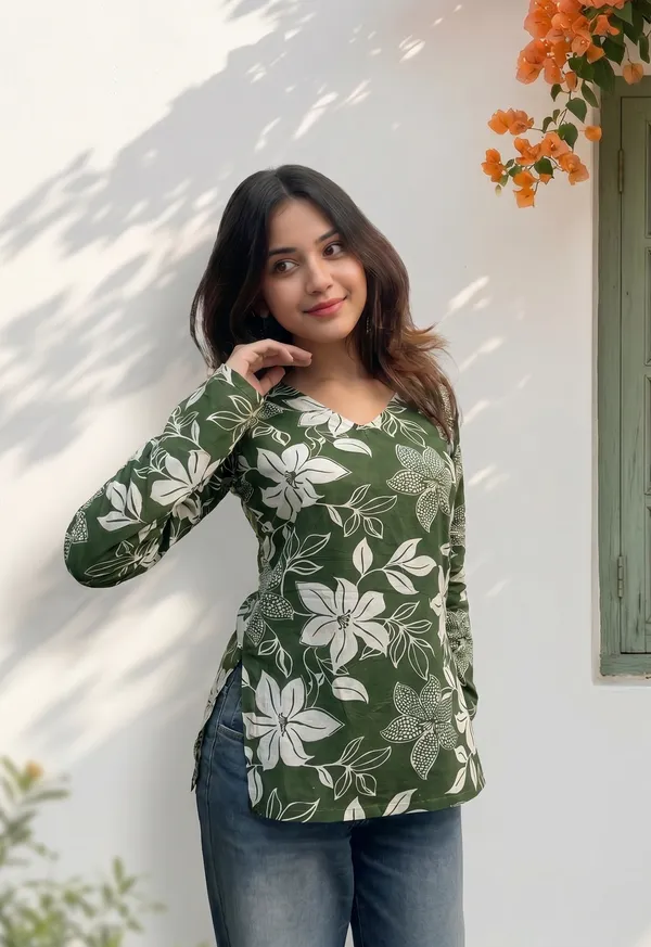 Green_Cotton_Floral_Print_Long_Sleeve_Short_Kurti_For_Women