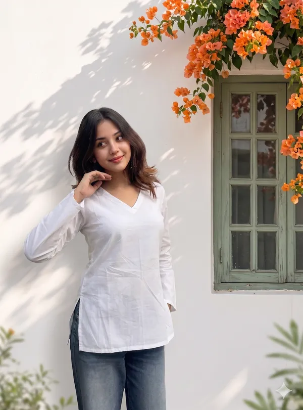 White_Cotton_V-Neck_Long_Sleeve_Short_Kurti_For_Women
