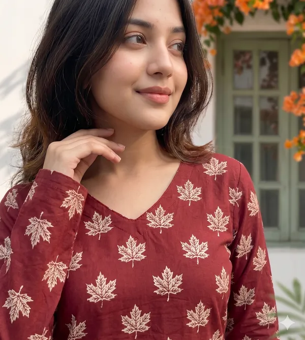 Red_Cotton_Floral_Print_Long_Sleeve_Short_Kurti_For_Women