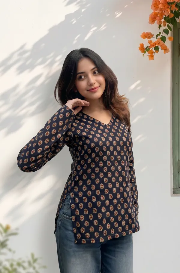 Black_Cotton_Printed_Wrap_Long_Sleeve_Short_Kurti_For_Women