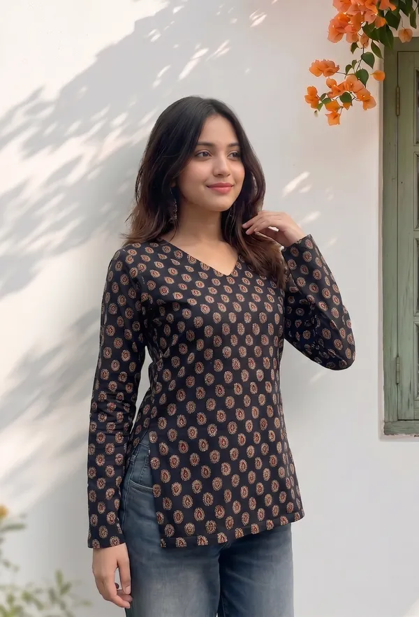 Black_Cotton_Printed_Wrap_Long_Sleeve_Short_Kurti_For_Women