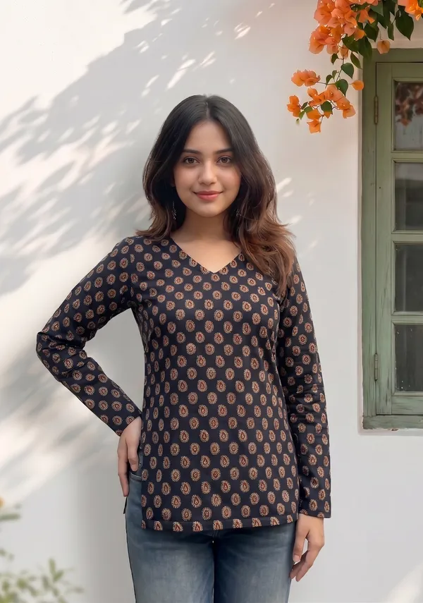 Black_Cotton_Printed_Wrap_Long_Sleeve_Short_Kurti_For_Women