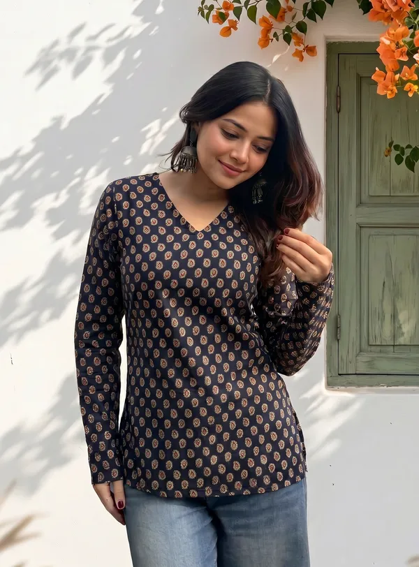 Black_Cotton_Printed_Wrap_Long_Sleeve_Short_Kurti_For_Women