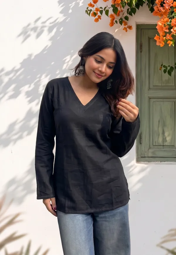 Black_Cotton_V-Neck_Full_Sleeve_Short_Kurti_For_Women