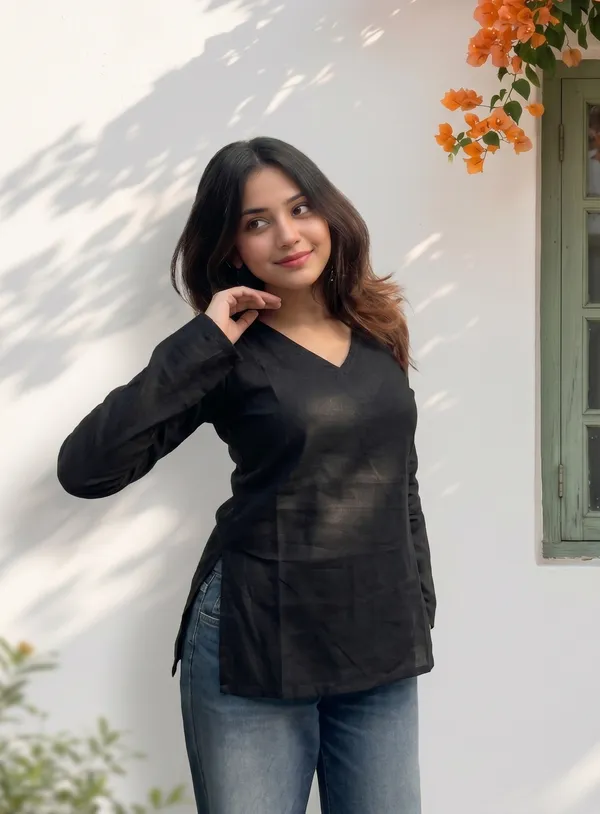 Black_Cotton_V-Neck_Full_Sleeve_Short_Kurti_For_Women