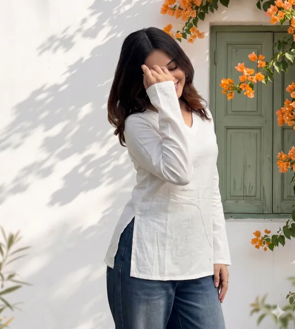 White_Cotton_V-Neck_Long_Sleeve_Short_Kurti_For_Women