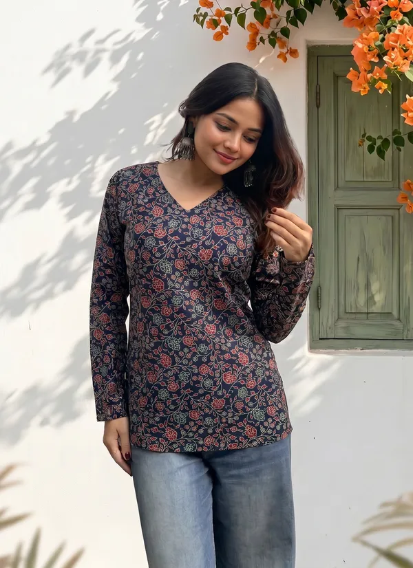Black_Cotton_Floral_Print_V-Neck_Full_Sleeve_Short_Kurti_For_Women