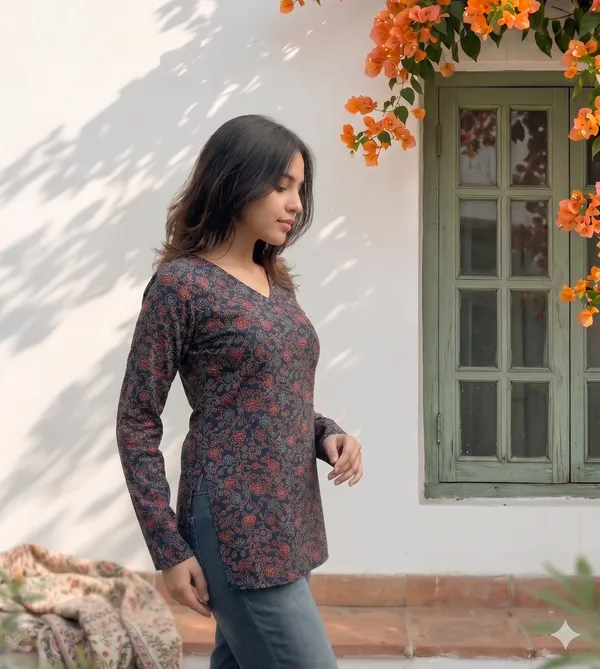 Black_Cotton_Floral_Print_V-Neck_Full_Sleeve_Short_Kurti_For_Women