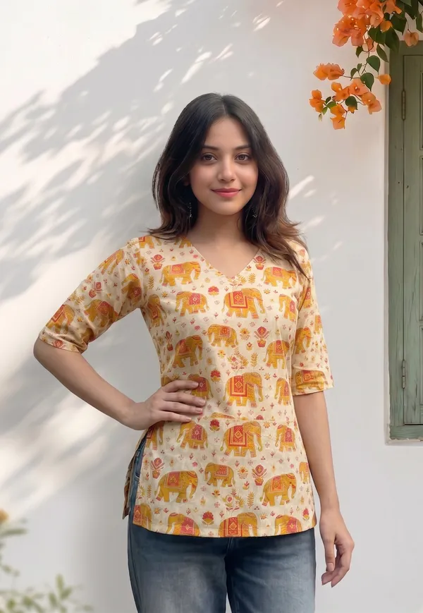 Beige_Cotton_Relaxed_Floral_Print_Full_Sleeve_Short_Kurti_For_Women