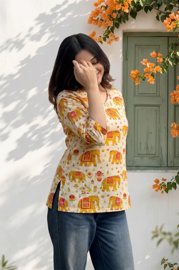Beige_Cotton_Relaxed_Floral_Print_Full_Sleeve_Short_Kurti_For_Women