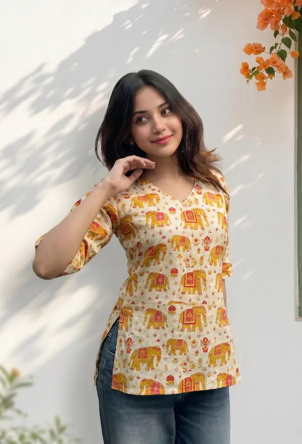 Beige_Cotton_Relaxed_Floral_Print_Full_Sleeve_Short_Kurti_For_Women