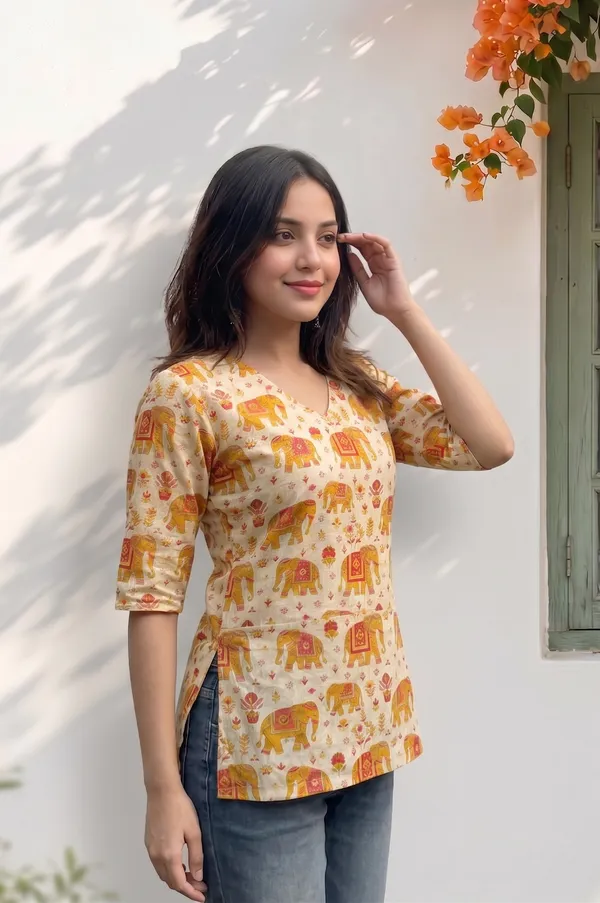 Beige_Cotton_Relaxed_Floral_Print_Full_Sleeve_Short_Kurti_For_Women