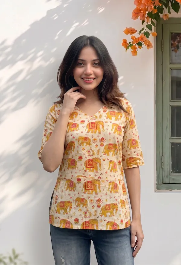 Beige_Cotton_Relaxed_Floral_Print_Full_Sleeve_Short_Kurti_For_Women