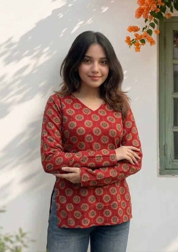 Rust_Red_Cotton_Printed_V-Neck_Short_Kurti_For_Women