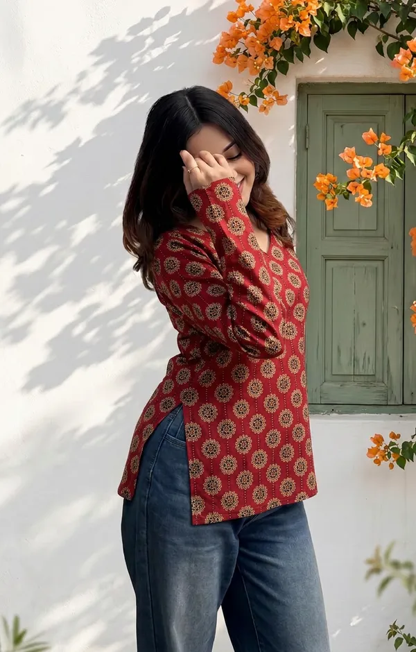 Rust_Red_Cotton_Printed_V-Neck_Short_Kurti_For_Women