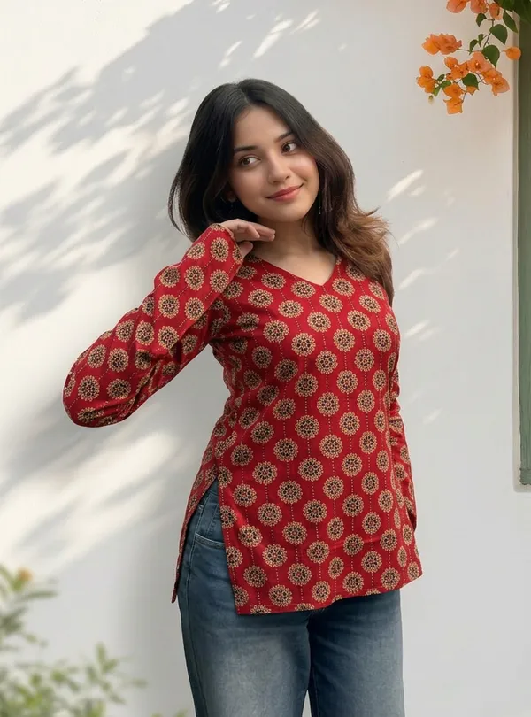 Rust_Red_Cotton_Printed_V-Neck_Short_Kurti_For_Women