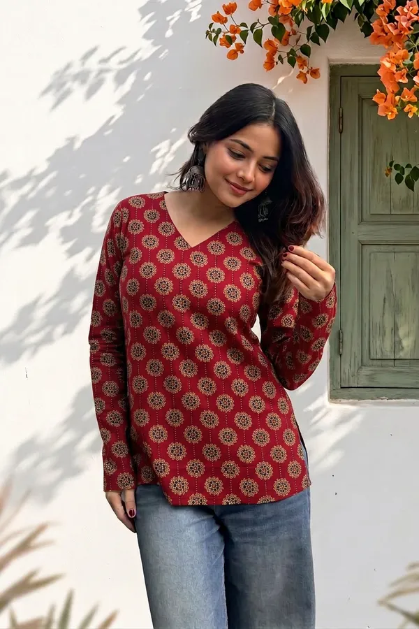 Rust_Red_Cotton_Printed_V-Neck_Short_Kurti_For_Women
