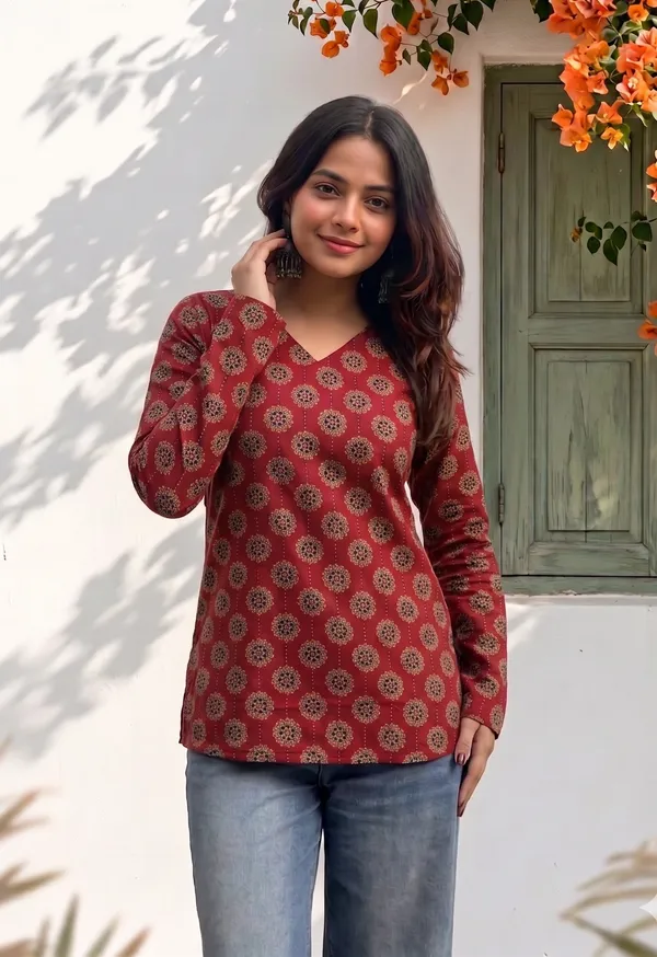 Rust_Red_Cotton_Printed_V-Neck_Short_Kurti_For_Women