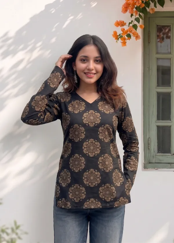 Black_Cotton_Gold_Medallion_Print_Full_Sleeve_Short_Kurti_For_Women